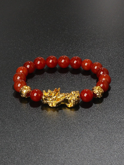 10mm Gold Pixiu Black Obsidian Dragon Mantra Bracelet