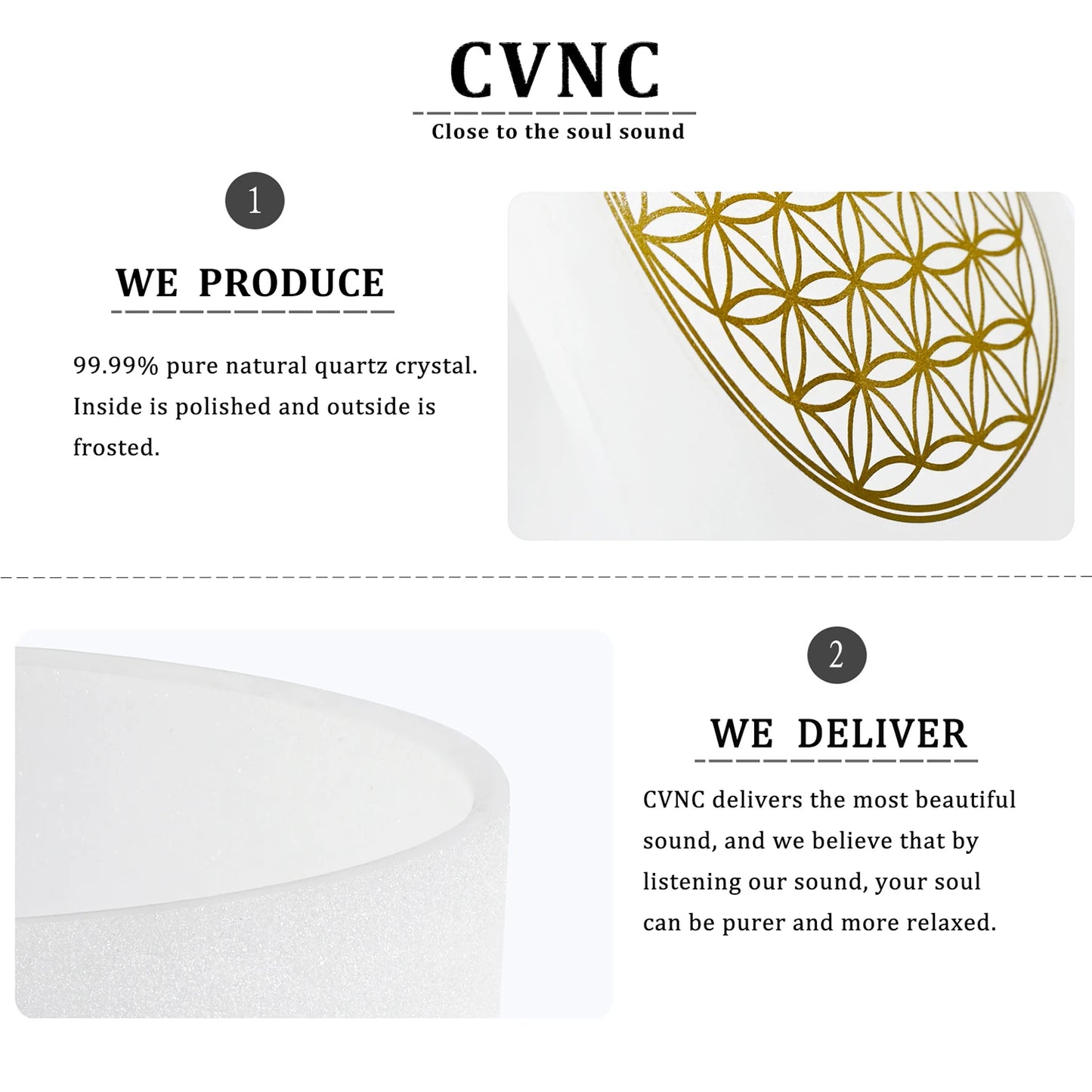 CVNC 528Hz 8-Inch C Note Flower of Life Frosted Quartz Crystal Singing Bowl