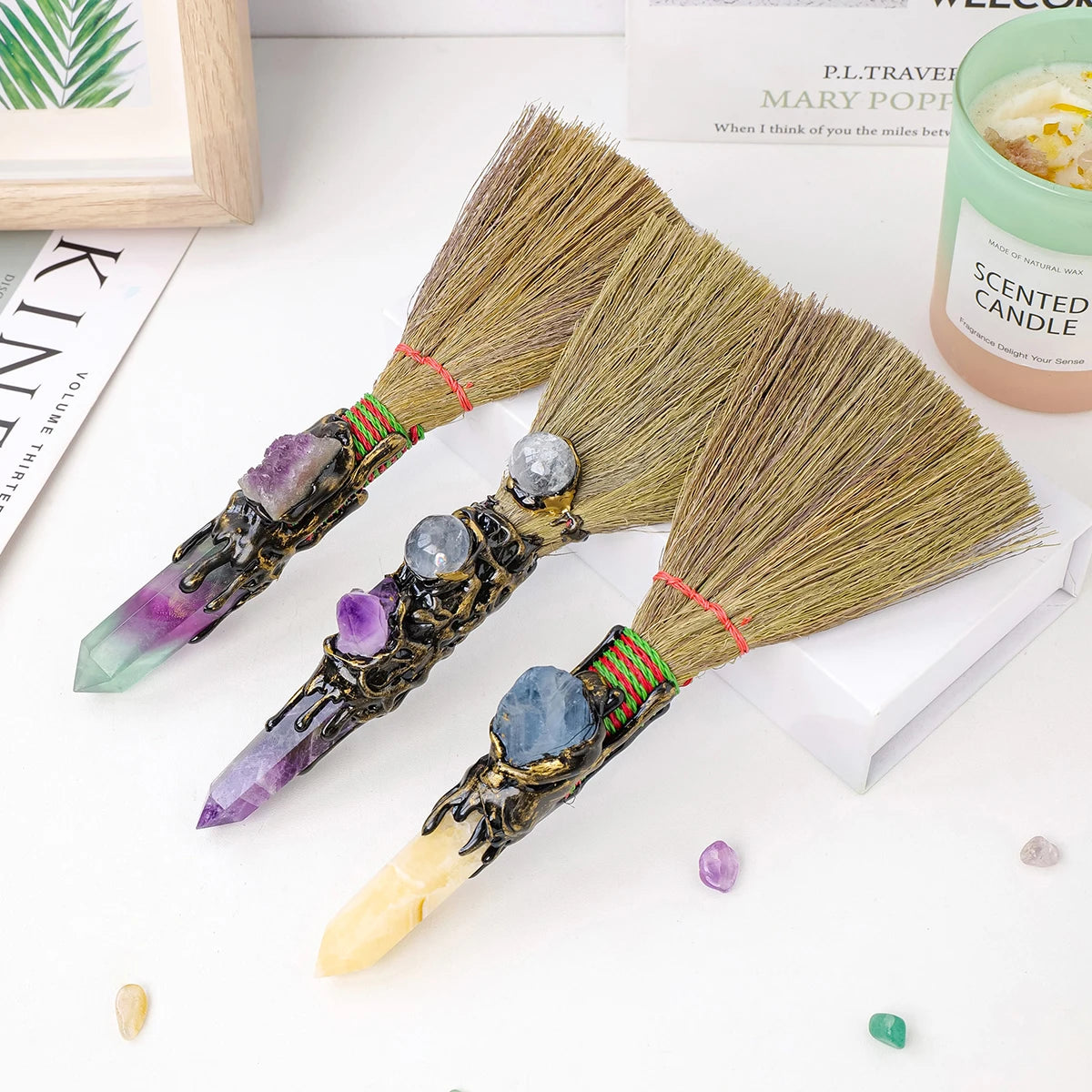 1PC Natural Crystal Point Stone Amethyst Feather Broom