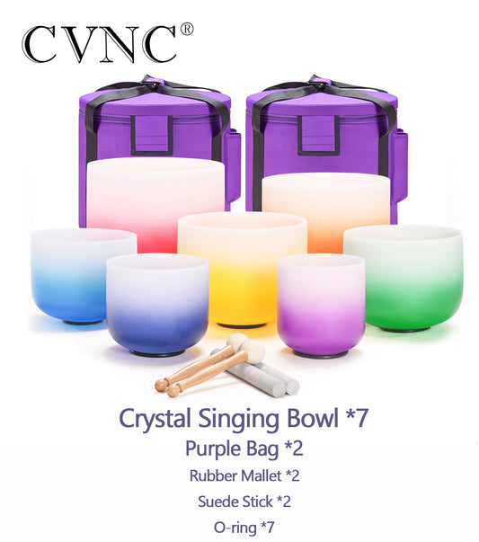 CVNC 7-Piece Colored Frosted Quartz Crystal Singing Bowls Chakra Set (6–12 Inches)
