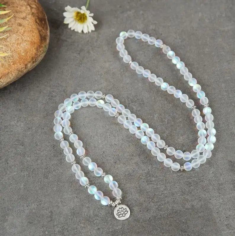 Aqua Aura Quartz Mala Beads Necklace and Bracelet Set