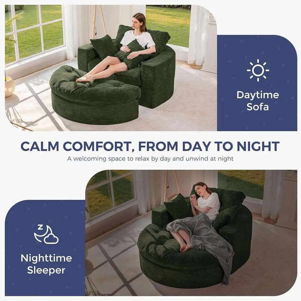Large Round Upholstered Chaise Lounge Sofa with 3 Matching Pillows and Ottoman