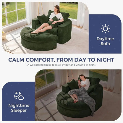 Large Round Upholstered Chaise Lounge Sofa with 3 Matching Pillows and Ottoman