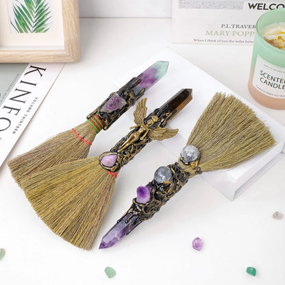 1PC Natural Crystal Point Stone Amethyst Feather Broom