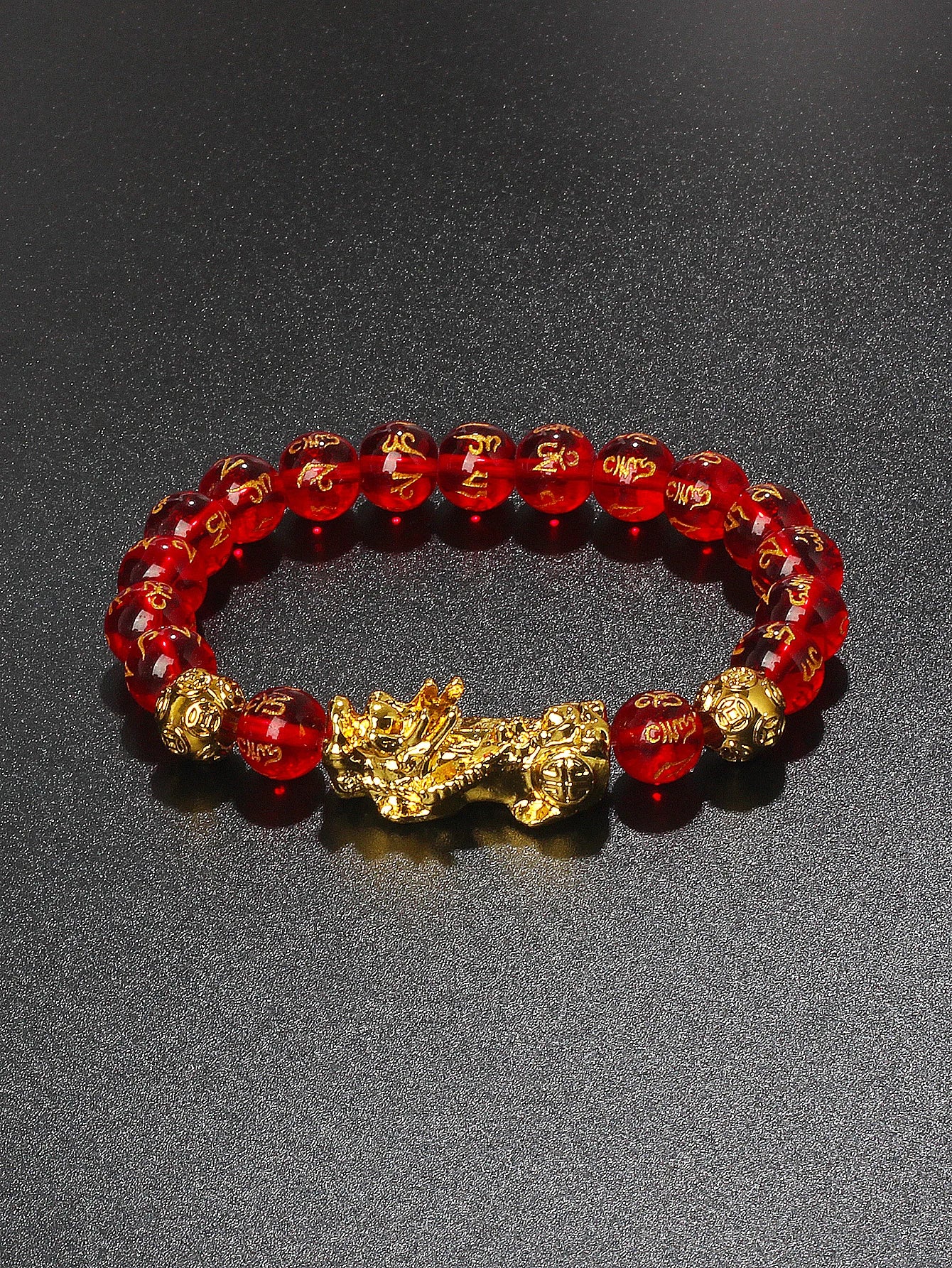 10mm Gold Pixiu Black Obsidian Dragon Mantra Bracelet