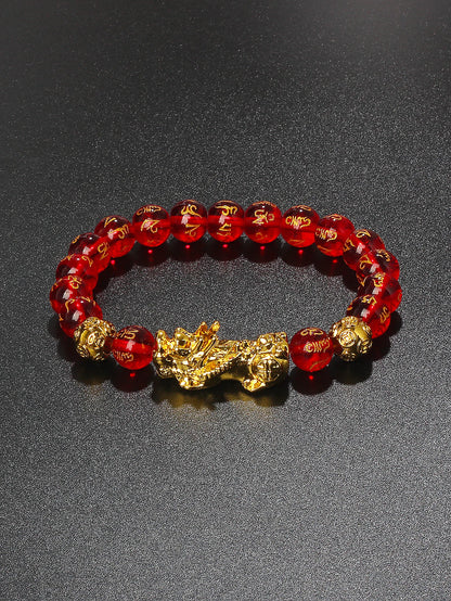 10mm Gold Pixiu Black Obsidian Dragon Mantra Bracelet