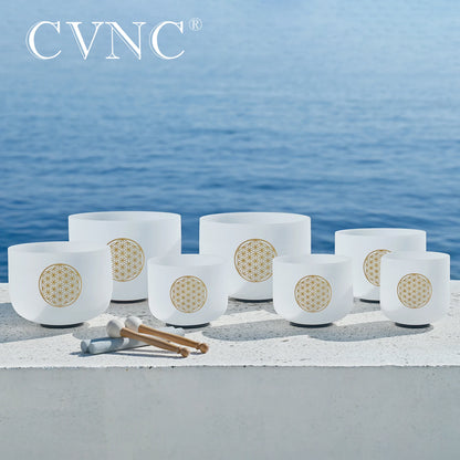 CVNC 528Hz 8-Inch C Note Flower of Life Frosted Quartz Crystal Singing Bowl