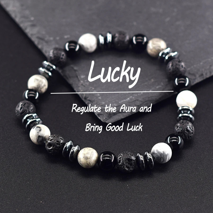 Classic Black Natural Labradorite and Volcanic Stone Beads Bracelet