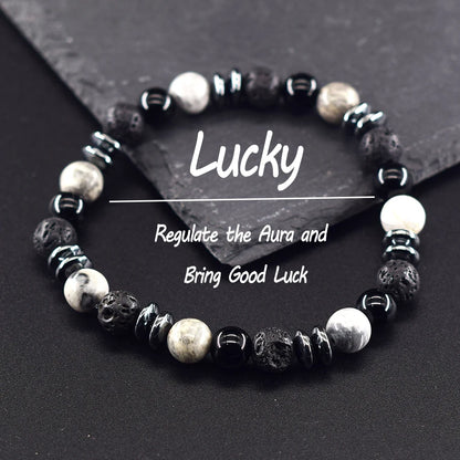 Classic Black Natural Labradorite and Volcanic Stone Beads Bracelet