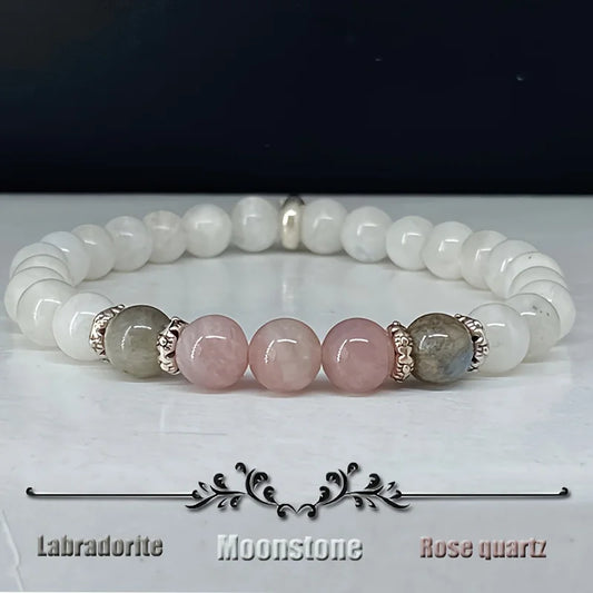Natural Moonstone, Labradorite, and Rose Quartz Bracelet