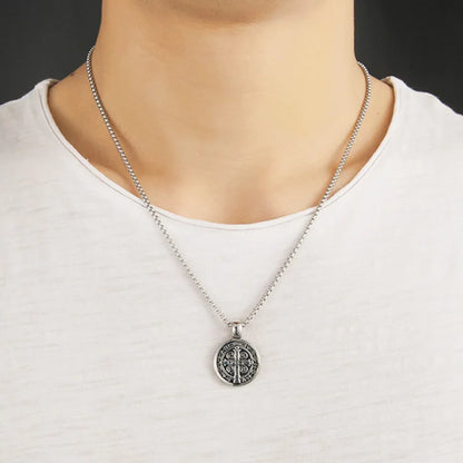 Stainless Steel Saint St. Benedict Collar Medal Necklace