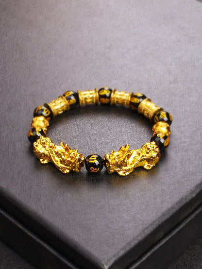 10mm Gold Pixiu Black Obsidian Dragon Mantra Bracelet