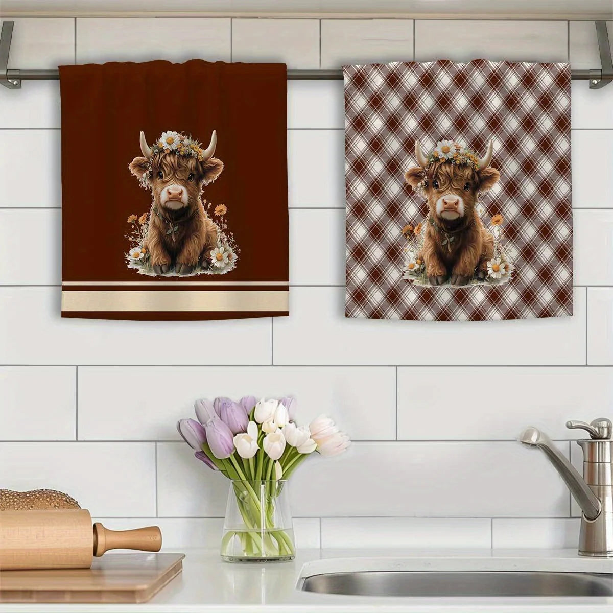 2-Piece Highland Cow Brown Plaid Kitchen Towel Set