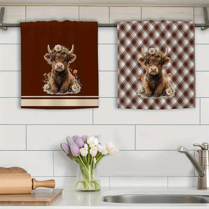 2-Piece Highland Cow Brown Plaid Kitchen Towel Set