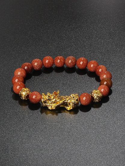 10mm Gold Pixiu Black Obsidian Dragon Mantra Bracelet