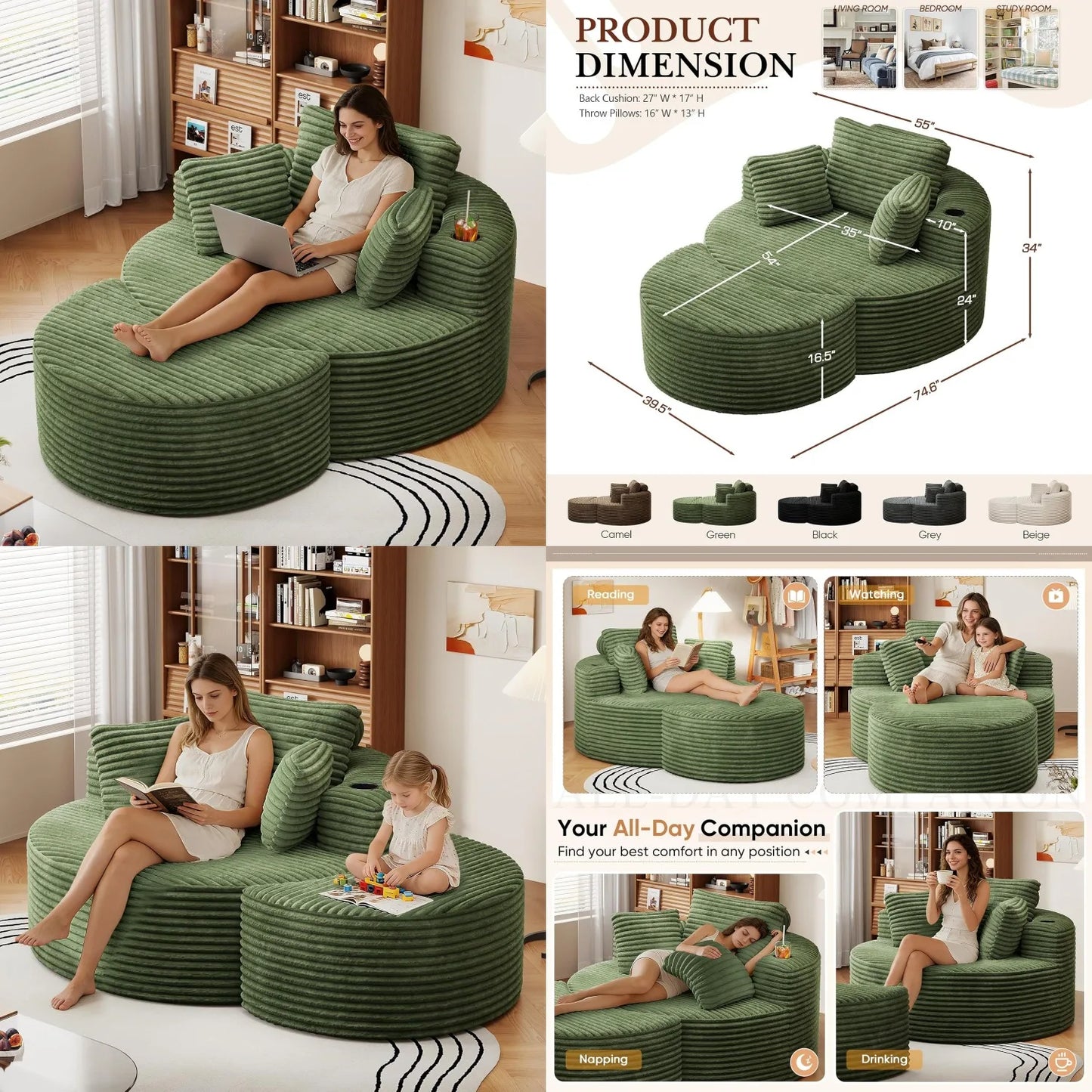Oversized Round Chaise Lounge Sofa with Matching Ottoman