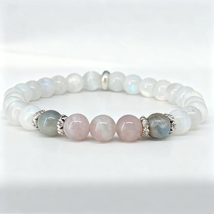 Handmade Moonlight White Jade, Labradorite, and Rose Quartz Bracelet
