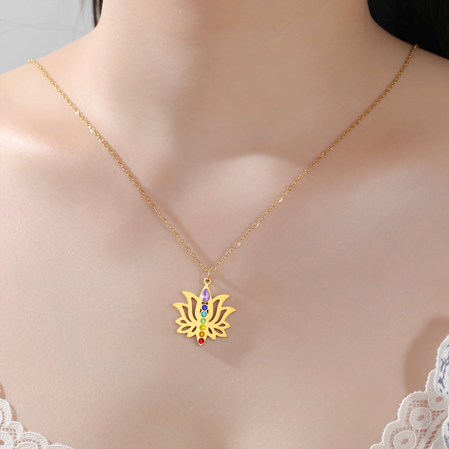 Gold-Plated 7 Chakra Lotus Flower Necklace
