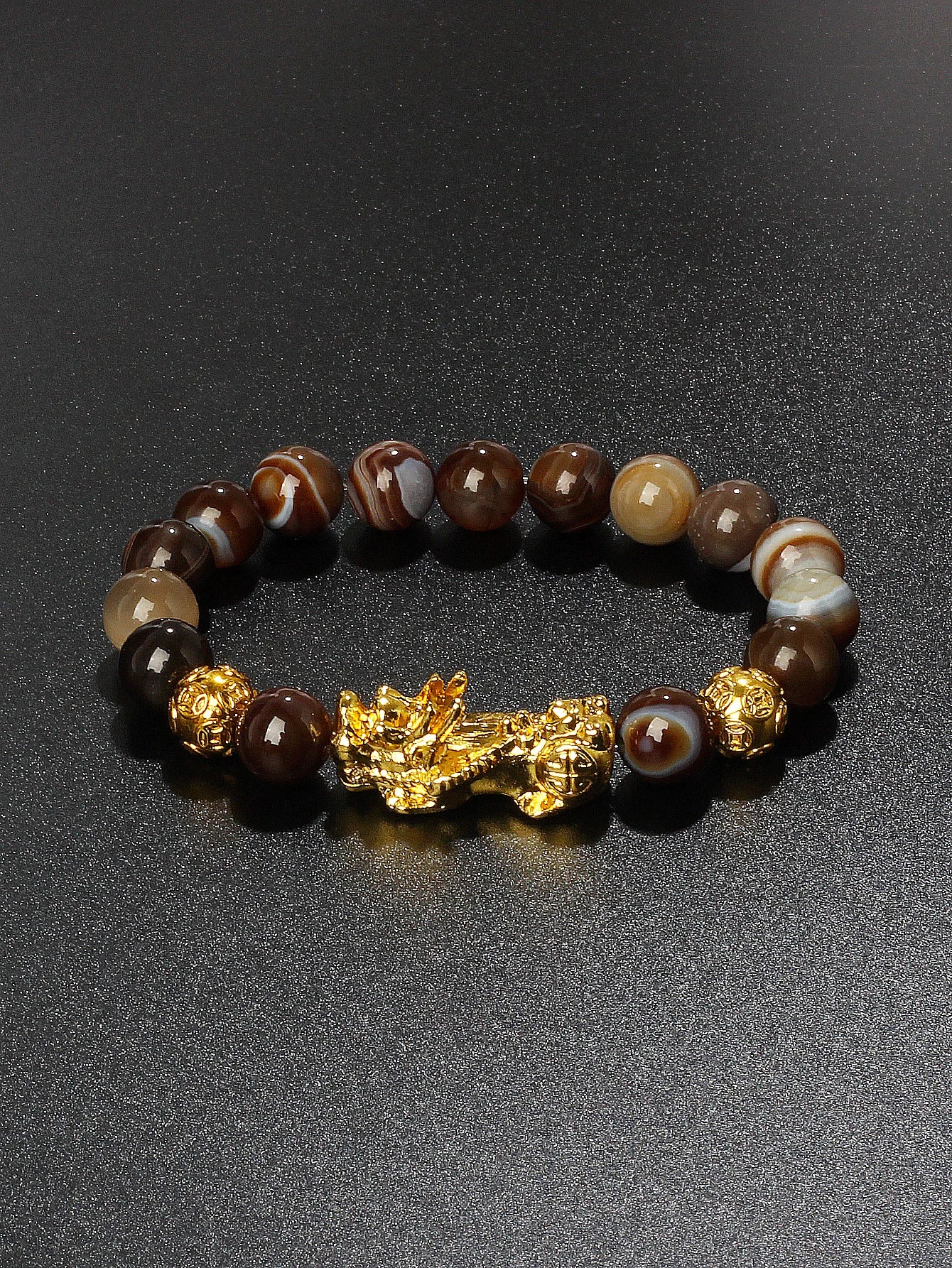 10mm Gold Pixiu Black Obsidian Dragon Mantra Bracelet