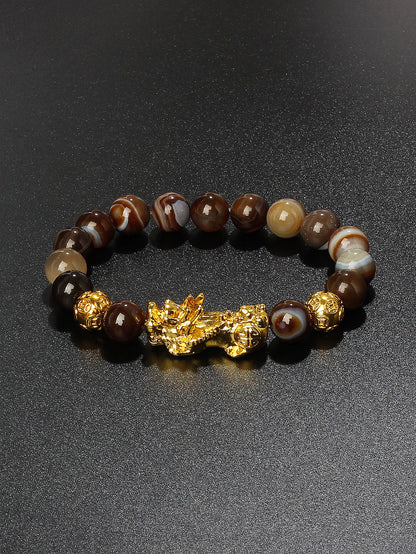 10mm Gold Pixiu Black Obsidian Dragon Mantra Bracelet