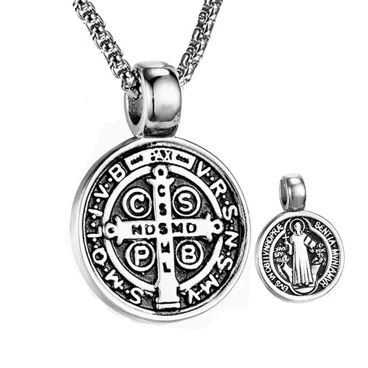 Stainless Steel Saint St. Benedict Collar Medal Necklace