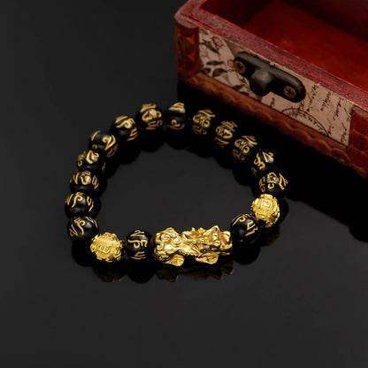 Gold-Color Pixiu Black Obsidian Feng Shui Wealth Bracelet