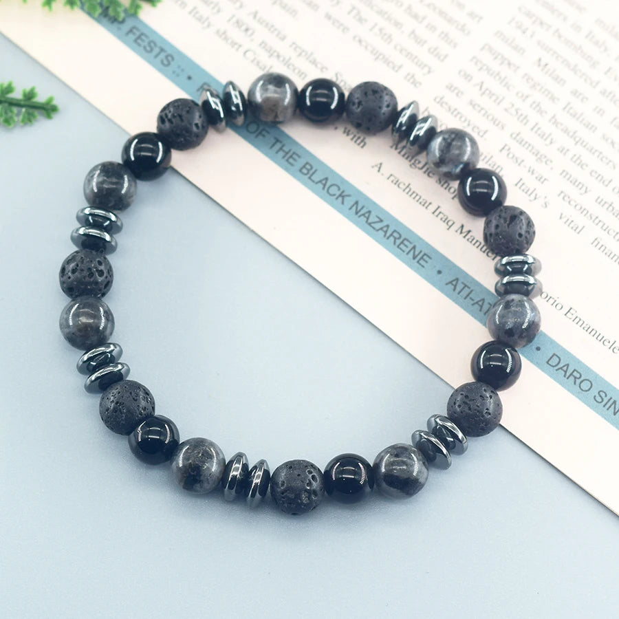 Classic Black Natural Labradorite and Volcanic Stone Beads Bracelet