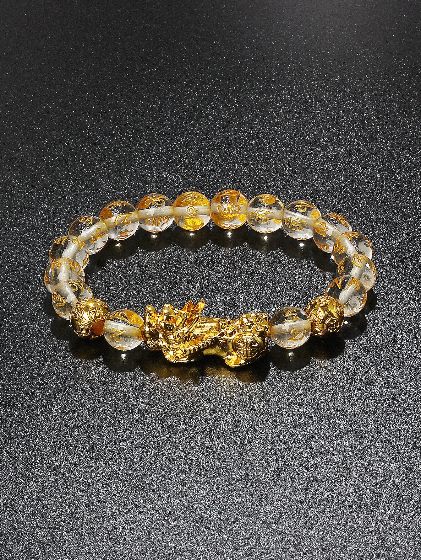 10mm Gold Pixiu Black Obsidian Dragon Mantra Bracelet