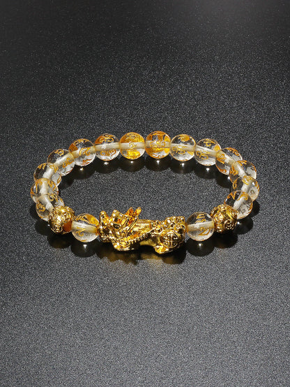 10mm Gold Pixiu Black Obsidian Dragon Mantra Bracelet