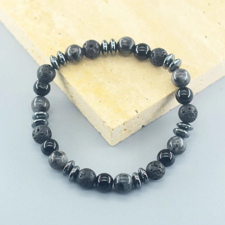 Classic Black Natural Labradorite and Volcanic Stone Beads Bracelet