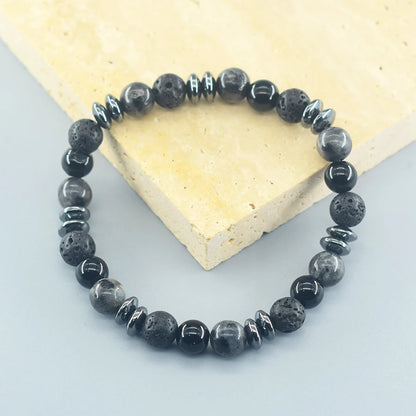 Classic Black Natural Labradorite and Volcanic Stone Beads Bracelet
