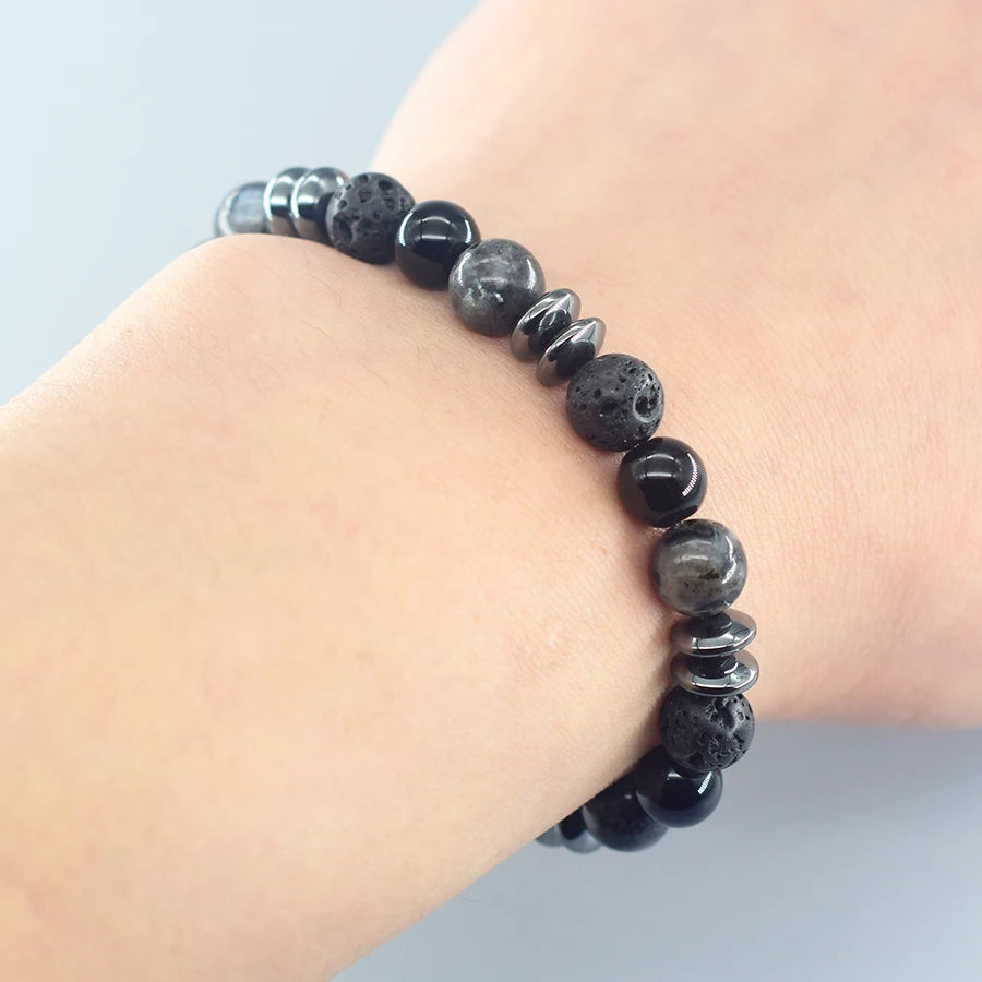 Classic Black Natural Labradorite and Volcanic Stone Beads Bracelet
