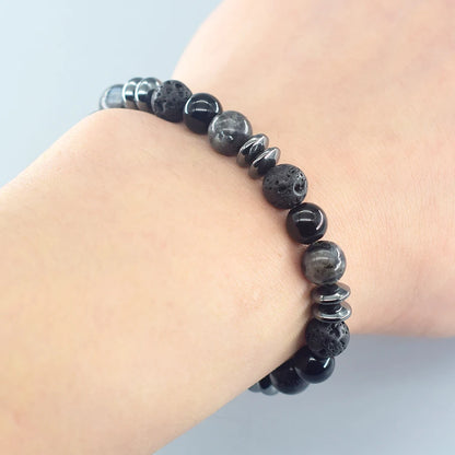 Classic Black Natural Labradorite and Volcanic Stone Beads Bracelet