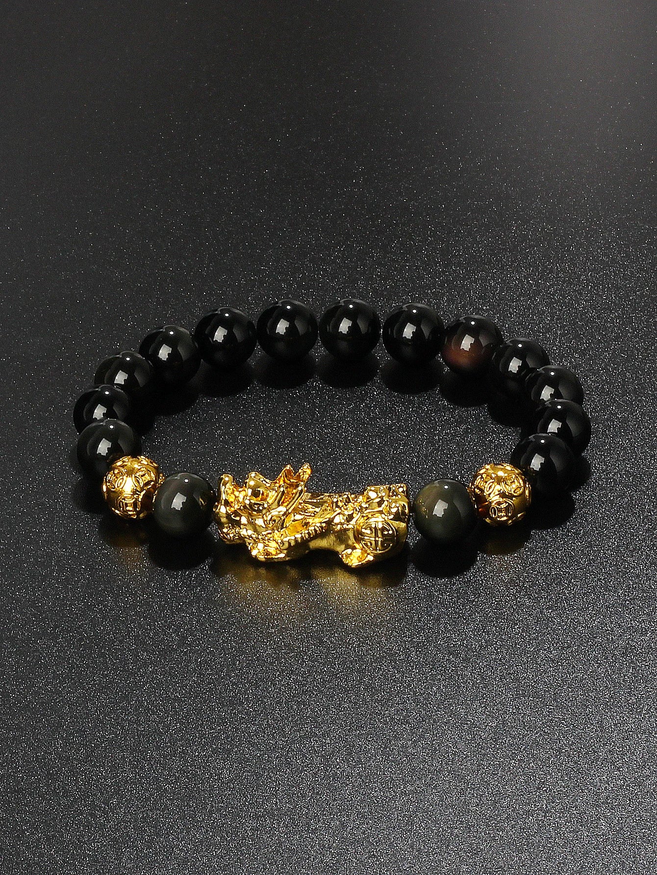 10mm Gold Pixiu Black Obsidian Dragon Mantra Bracelet