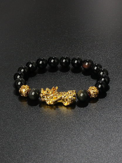 10mm Gold Pixiu Black Obsidian Dragon Mantra Bracelet