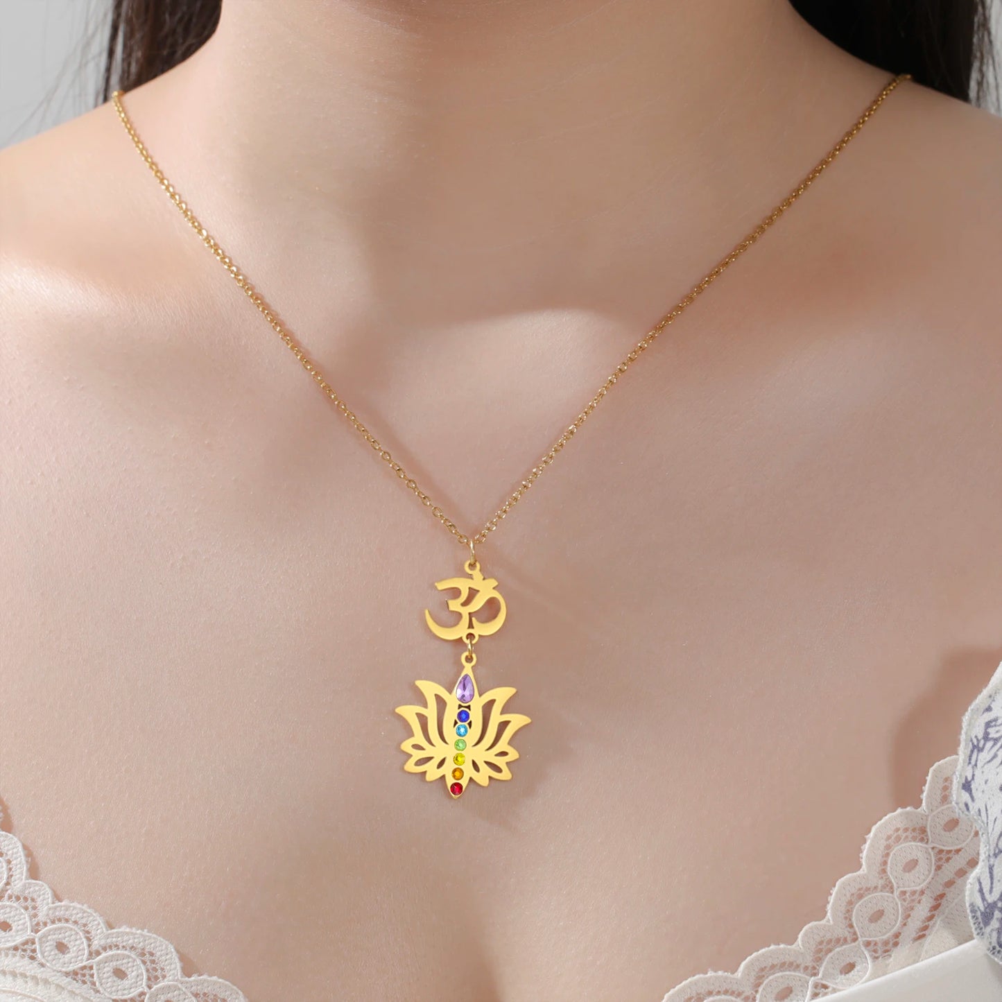 Gold-Plated 7 Chakra Lotus Flower Necklace