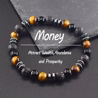 Classic Black Natural Labradorite and Volcanic Stone Beads Bracelet
