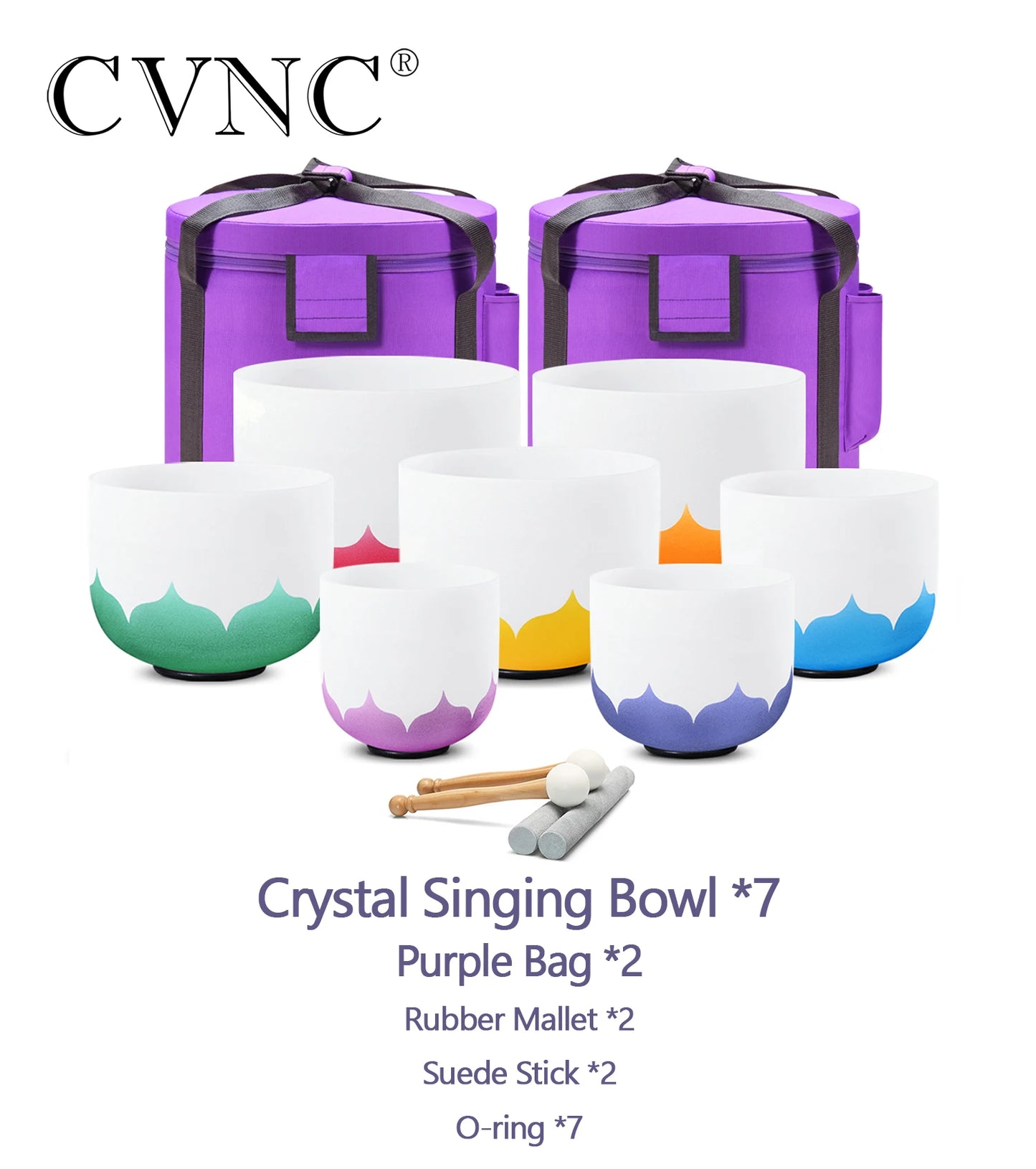 CVNC 7-Piece Colored Frosted Quartz Crystal Singing Bowls Chakra Set (6–12 Inches)