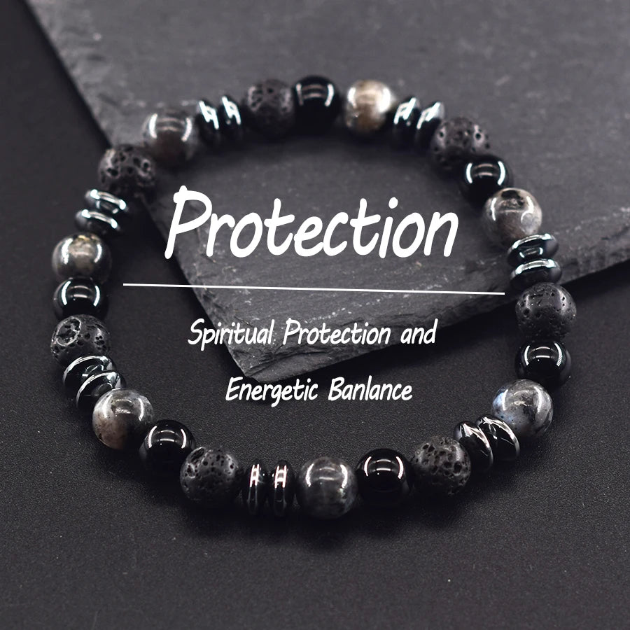 Classic Black Natural Labradorite and Volcanic Stone Beads Bracelet