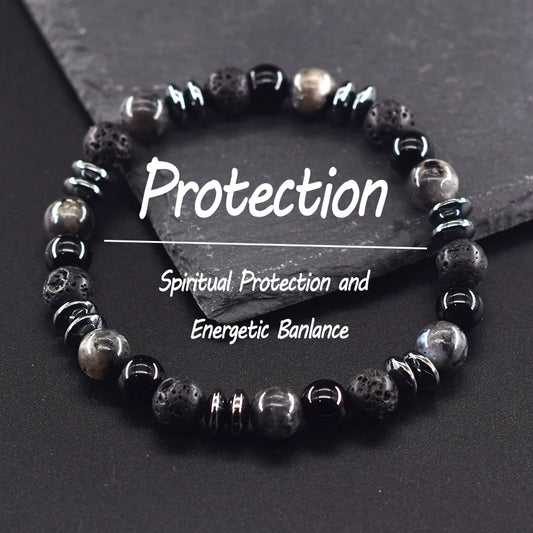 Classic Black Natural Labradorite and Volcanic Stone Beads Bracelet