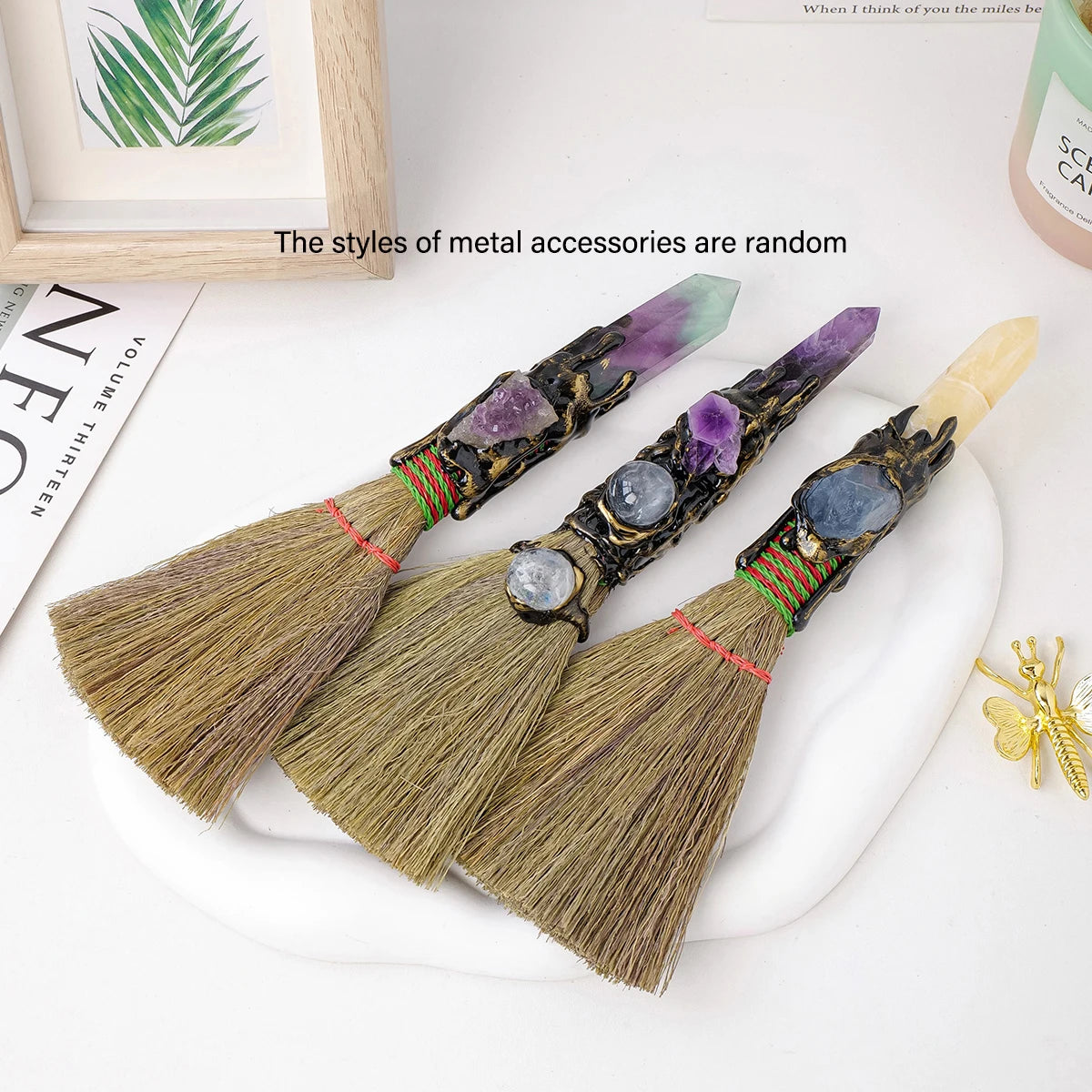 1PC Natural Crystal Point Stone Amethyst Feather Broom