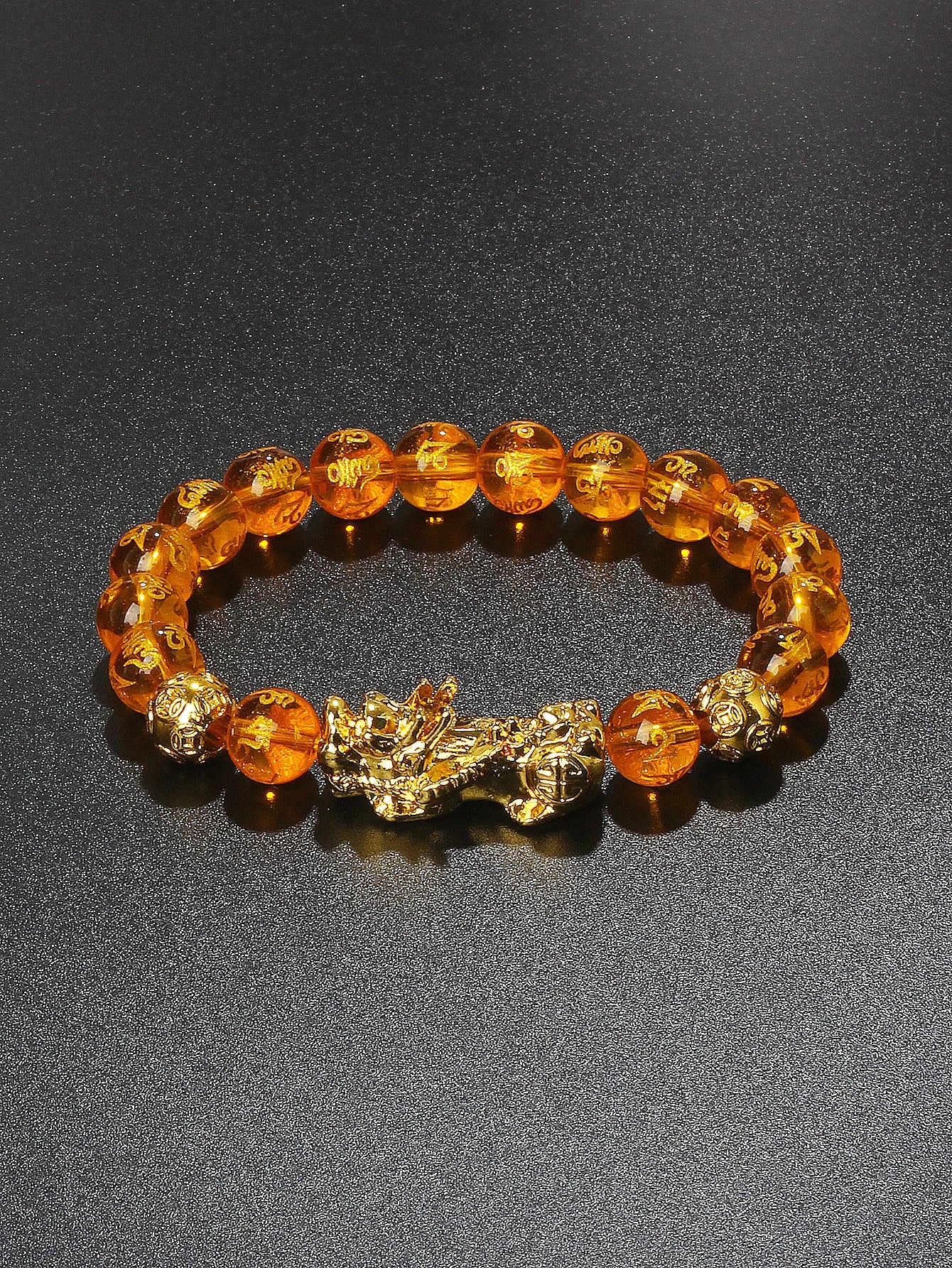 10mm Gold Pixiu Black Obsidian Dragon Mantra Bracelet