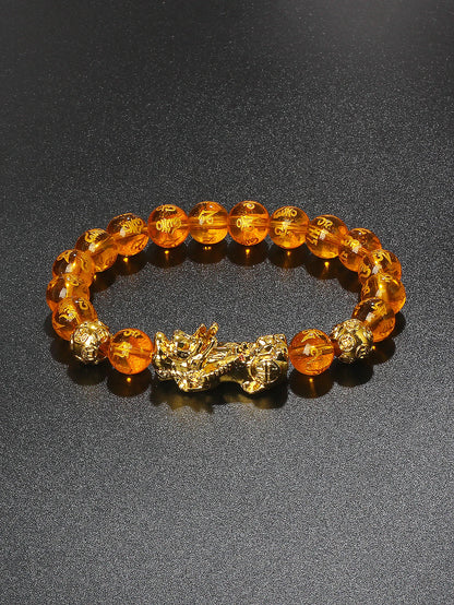 10mm Gold Pixiu Black Obsidian Dragon Mantra Bracelet