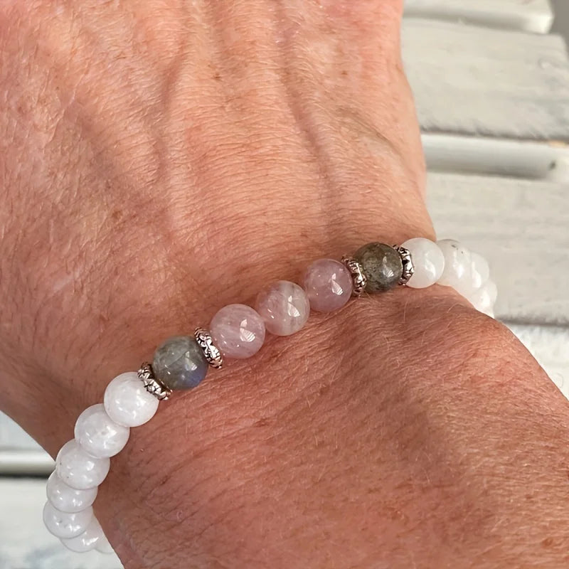 Natural Moonstone, Labradorite, and Rose Quartz Bracelet