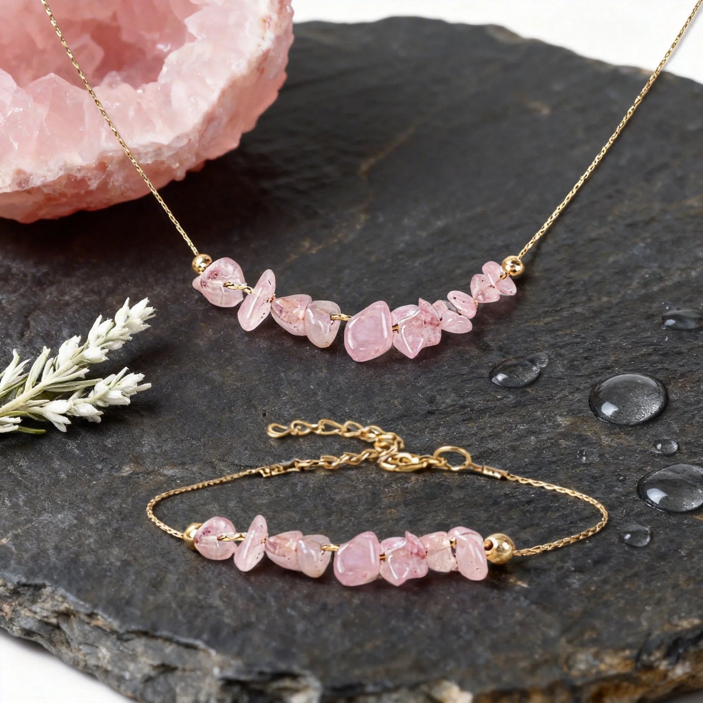 Natural Pink Quartz (Rose Quartz) Beaded Stone Bracelet Collection