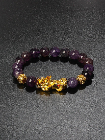 10mm Gold Pixiu Black Obsidian Dragon Mantra Bracelet