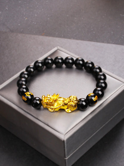 10mm Gold Pixiu Black Obsidian Dragon Mantra Bracelet