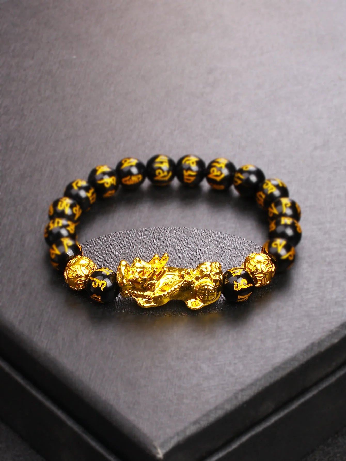 10mm Gold Pixiu Black Obsidian Dragon Mantra Bracelet